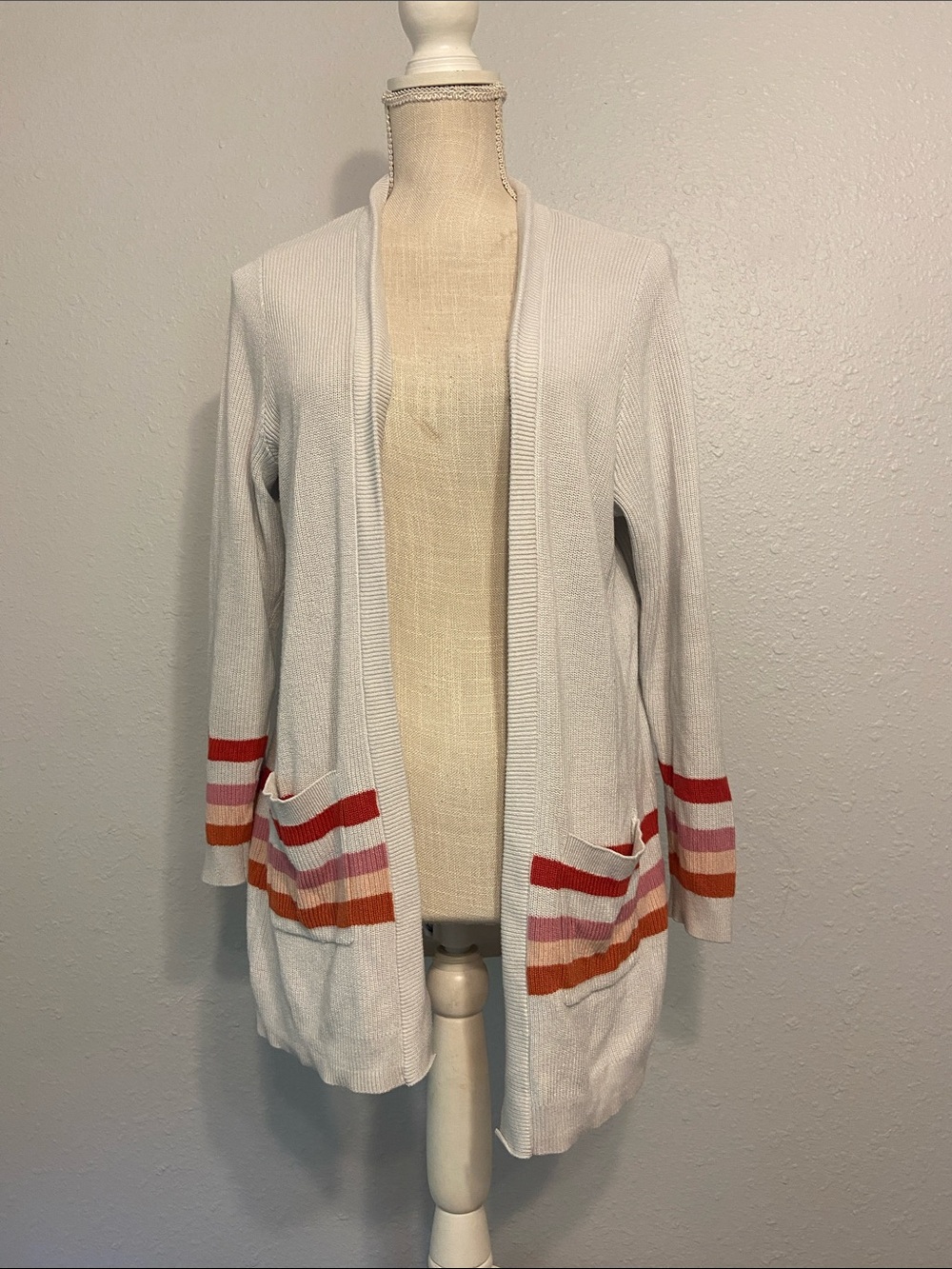 Torrid Cream & Multicolor Stripe Varsity Preppy Open Front Cardigan Size 1